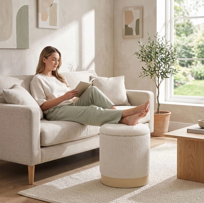 POUF Contenitore in Poliestere Sherpa Crema, Altezza 45 cm