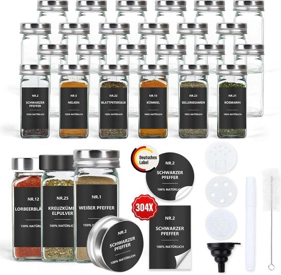 Set di contenitori per erbe quadrati 120 ml da 24 - contenitori in vetro con etichette e dispositivo per la dispersione - etichette idonee per la cucina - conservazione delle erbe Contenitori per erbe quadrati