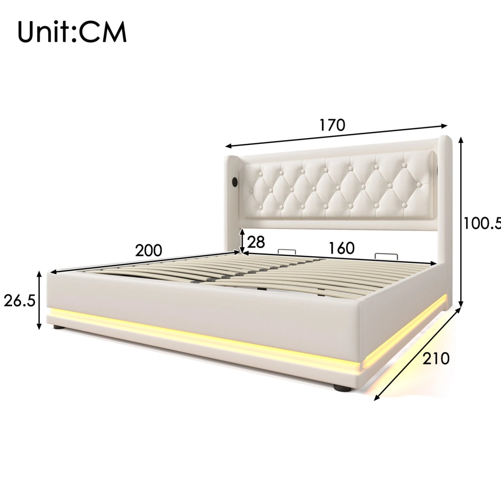 Letto matrimoniale contenitore 160x200 cm in PU bianco con LED; testiera imbottita e USB Tipo-C
