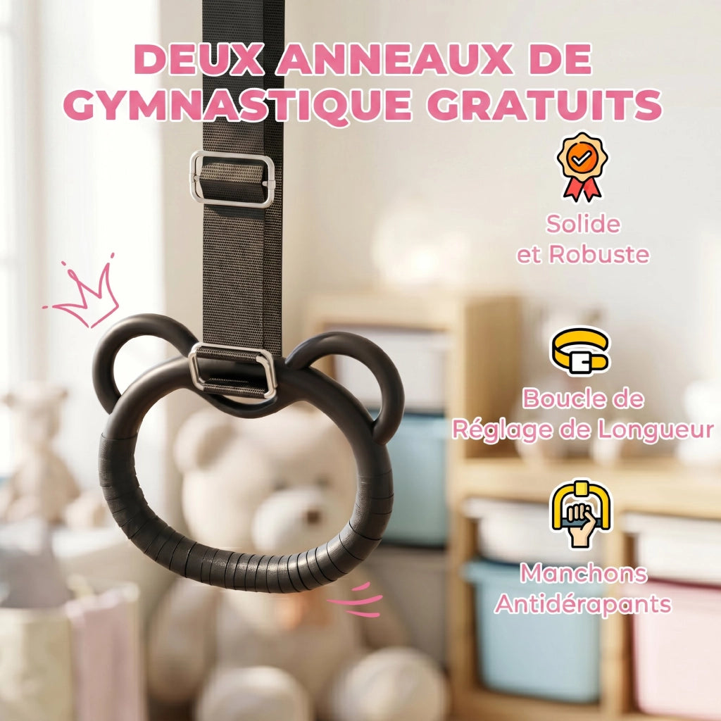 Sbarra ginnastica regolabile per bambini ¨C Xylo ¨C con anelli, rosa, pieghevole