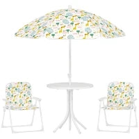 Set da Giardino per Bambini 2-5 Anni con Tavolino Rotondo, 2 Sedie Pieghevoli e un Ombrellone, Bianco