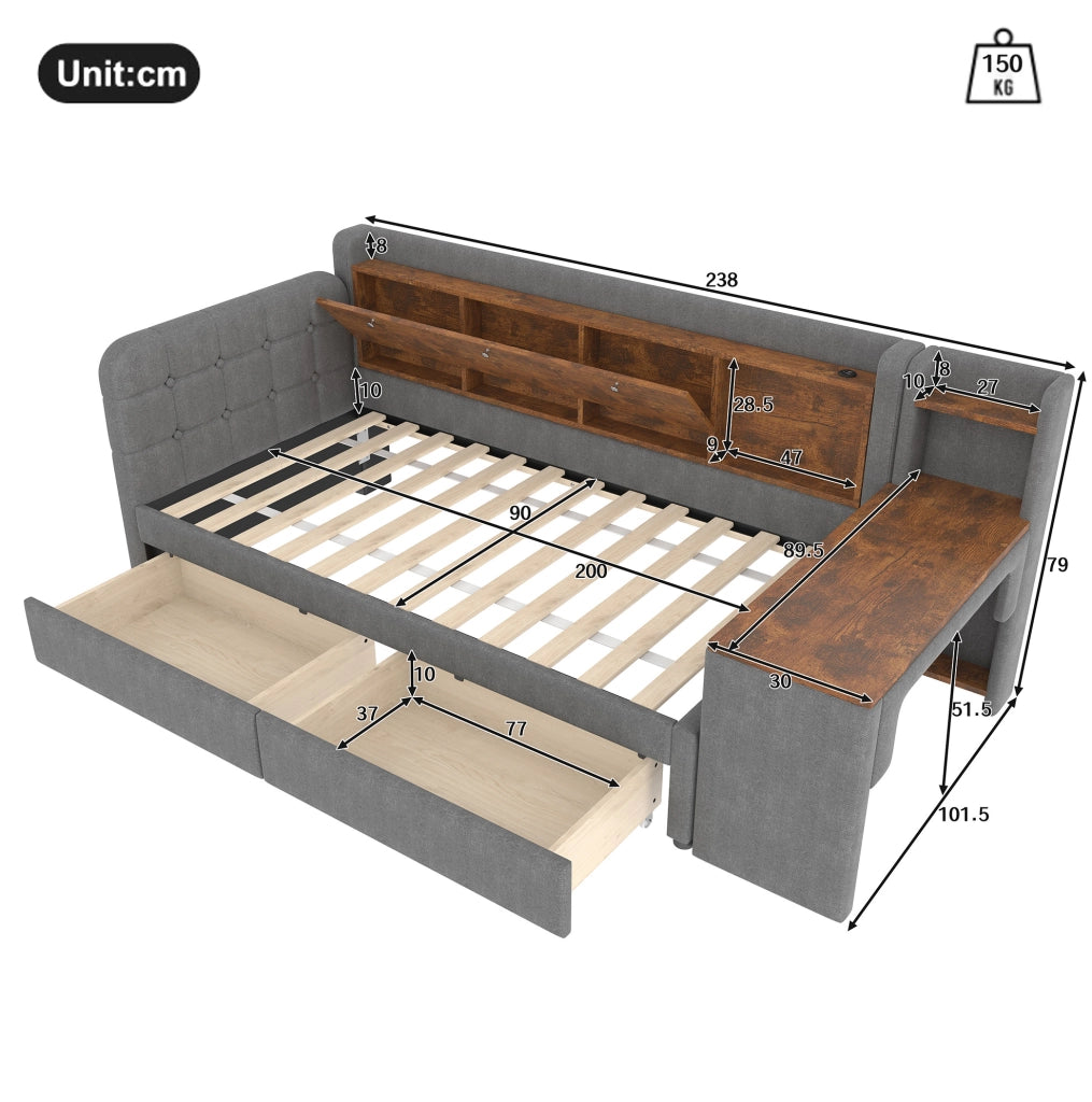 Letto singolo 90x200 cm grigio con scrivania, USB-C e cassetti