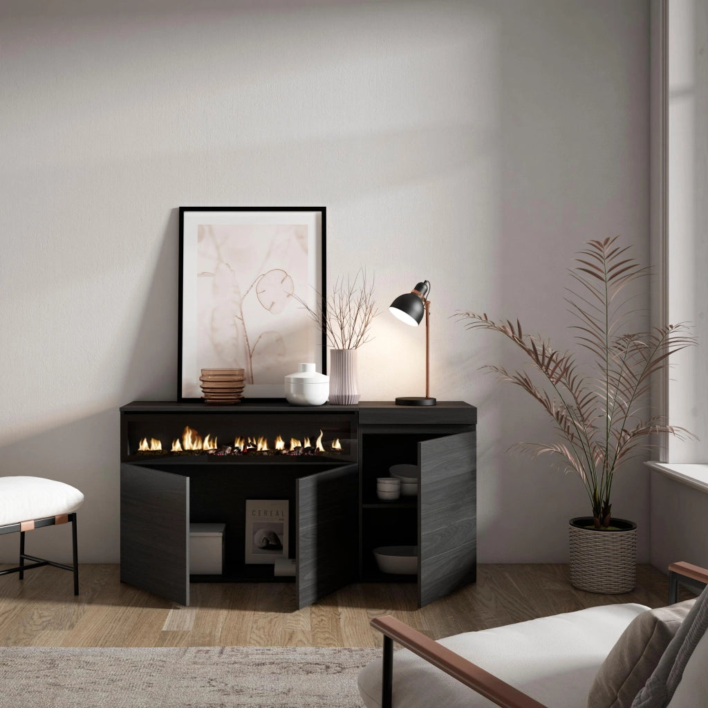 Credenza, Mobile, 150x35x75cm, 3 Porte, Camino elettrico, Nero RF2510