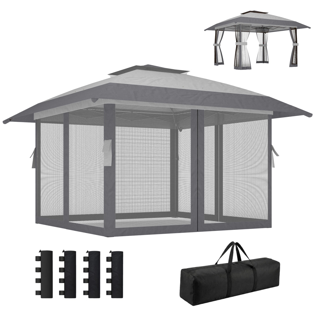 Tenda da Giardino Pieghevole 4x4 m Grigio ¨C Minimal ¨C Con Doppio Tetto e 4 Pareti a Rete