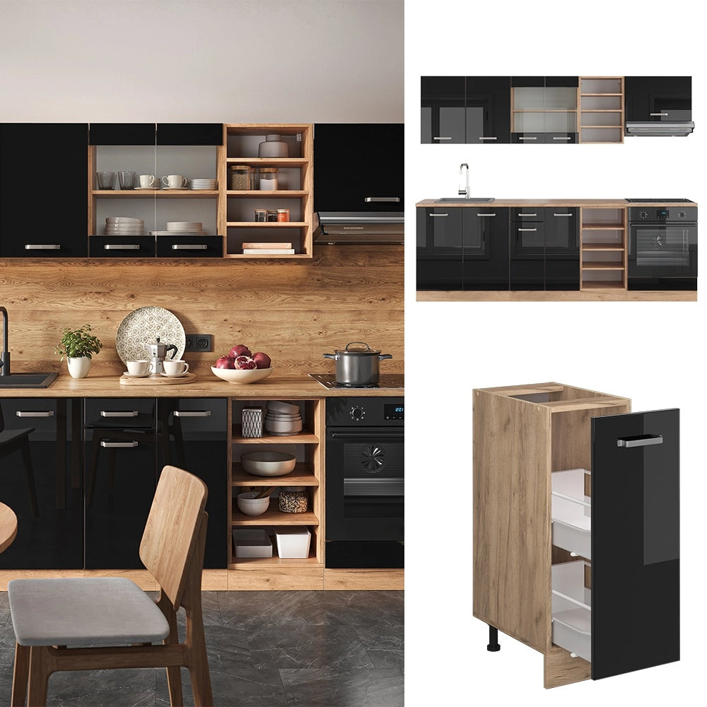 Cucina componibile R-Line Nero lucido/Rovere dorato 240 cm, PL Antracite Vicco