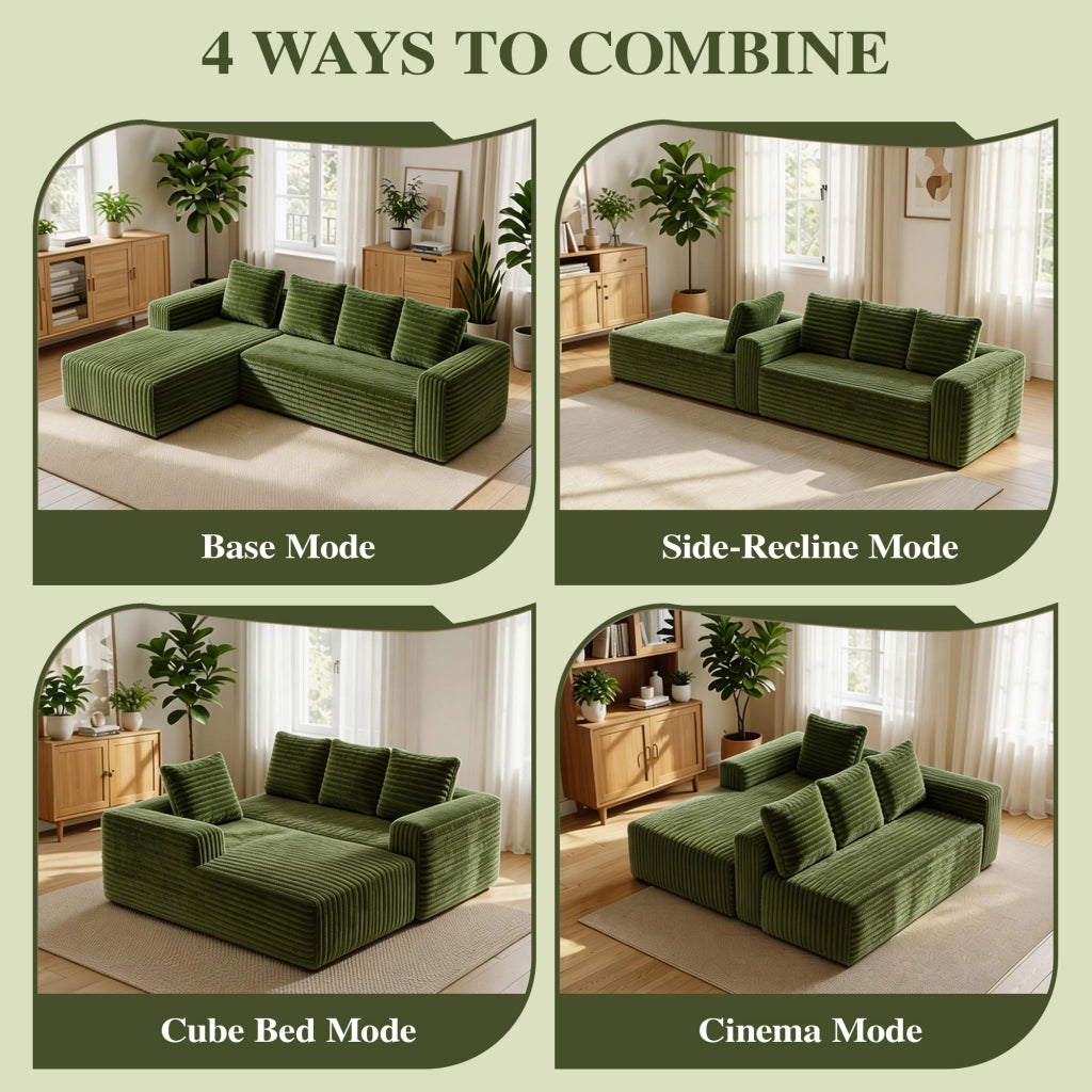 Divano angolare modulare reversibile con chaise longue e seduta profonda in velluto a coste verde 261 × 168 × 58 cm