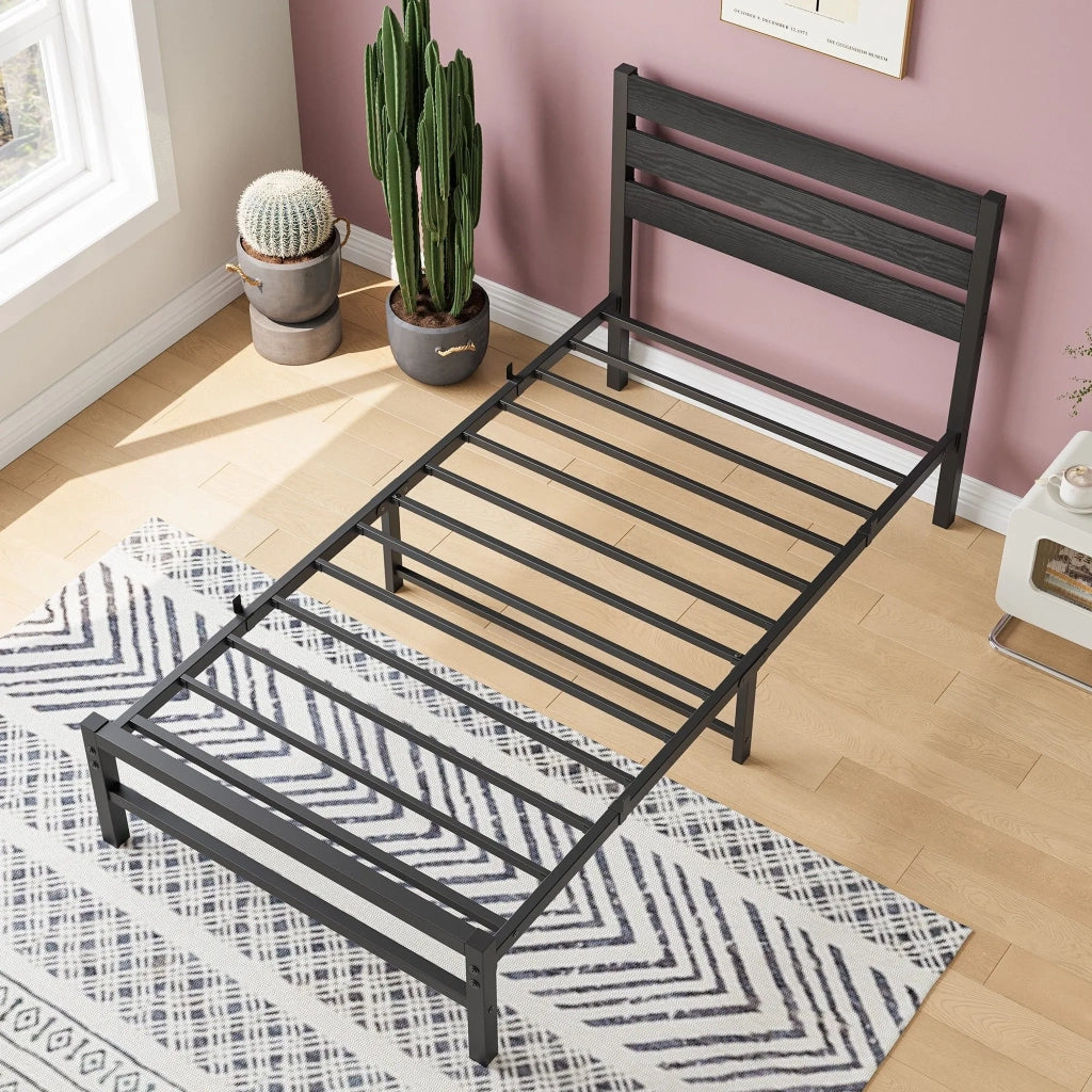 Letto singolo in metallo nero 90x200 cm con testiera MDF e rete a doghe
