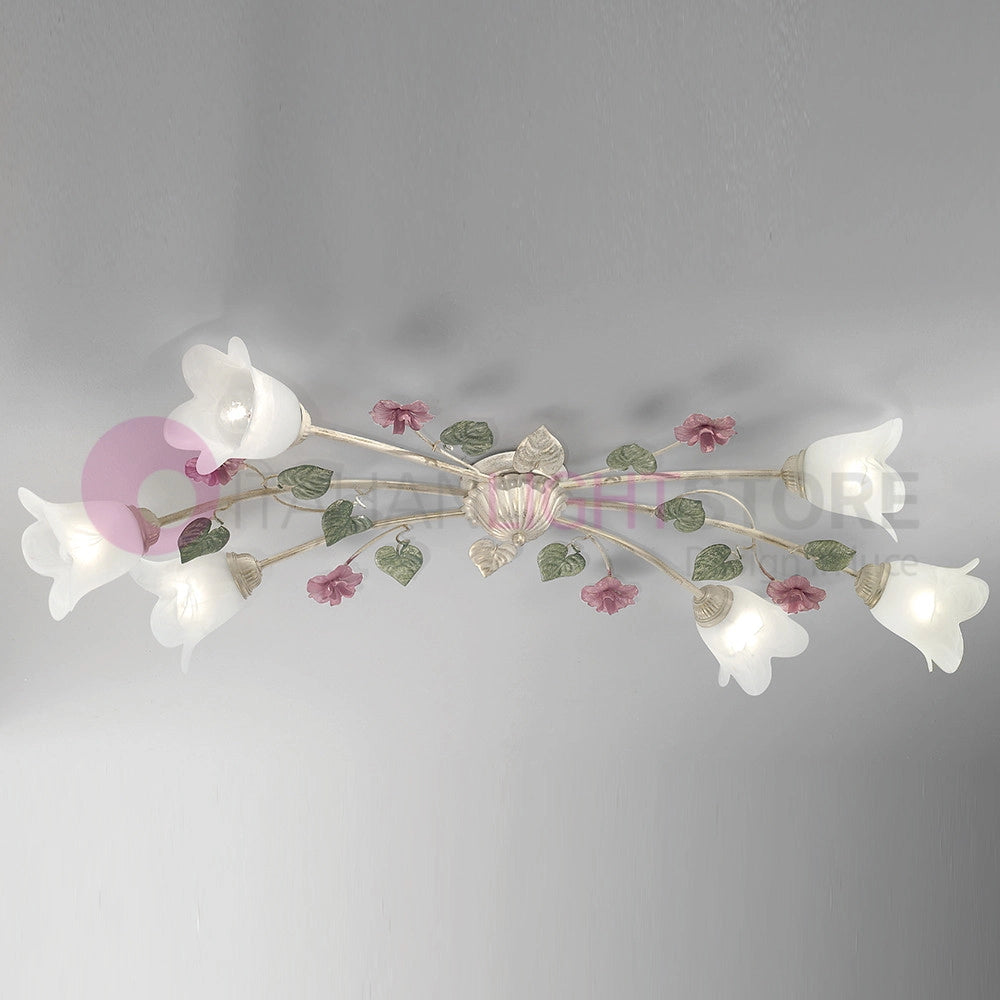 SPRING Plafoniera Allungata a 6 Luci in Ferro Decorato Stile Floreale
