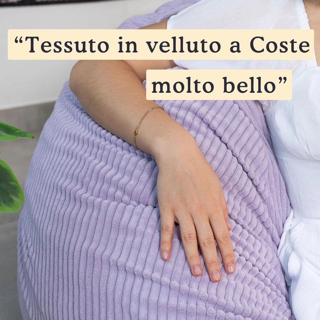 Pouf Poltrona Sacco in Velluto a Coste Larghe - Imbottitura in Schiuma, Morbido - Fodera Lavabile - Facile da Trasportare, Per Bambini (80x70 cm, Viola di Parma)