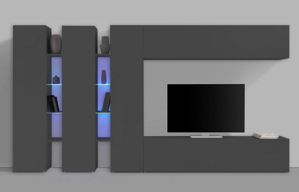 Parete attrezzata Carretto, Set salotto porta TV a 5 ante, Mobile soggiorno multiuso, 100% Made in Italy, cm 340x30h180, Antracite