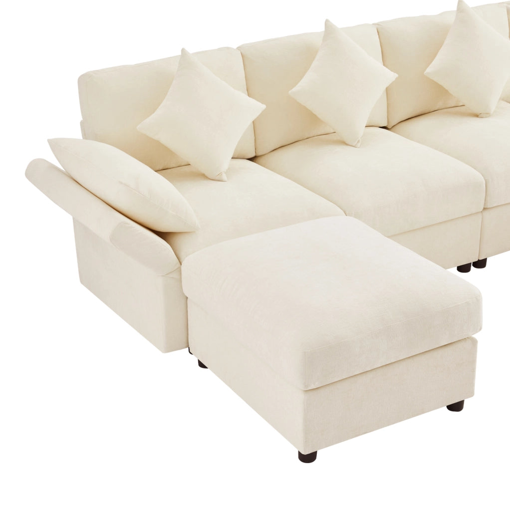 Divano modulare angolare a L in chenille beige 284x156;5x86 cm con 2 pouf e cuscini