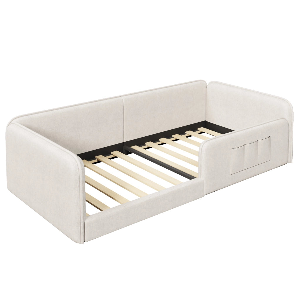 Letto a piattaforma 90x200 cm imbottito in lino beige con tasche laterali