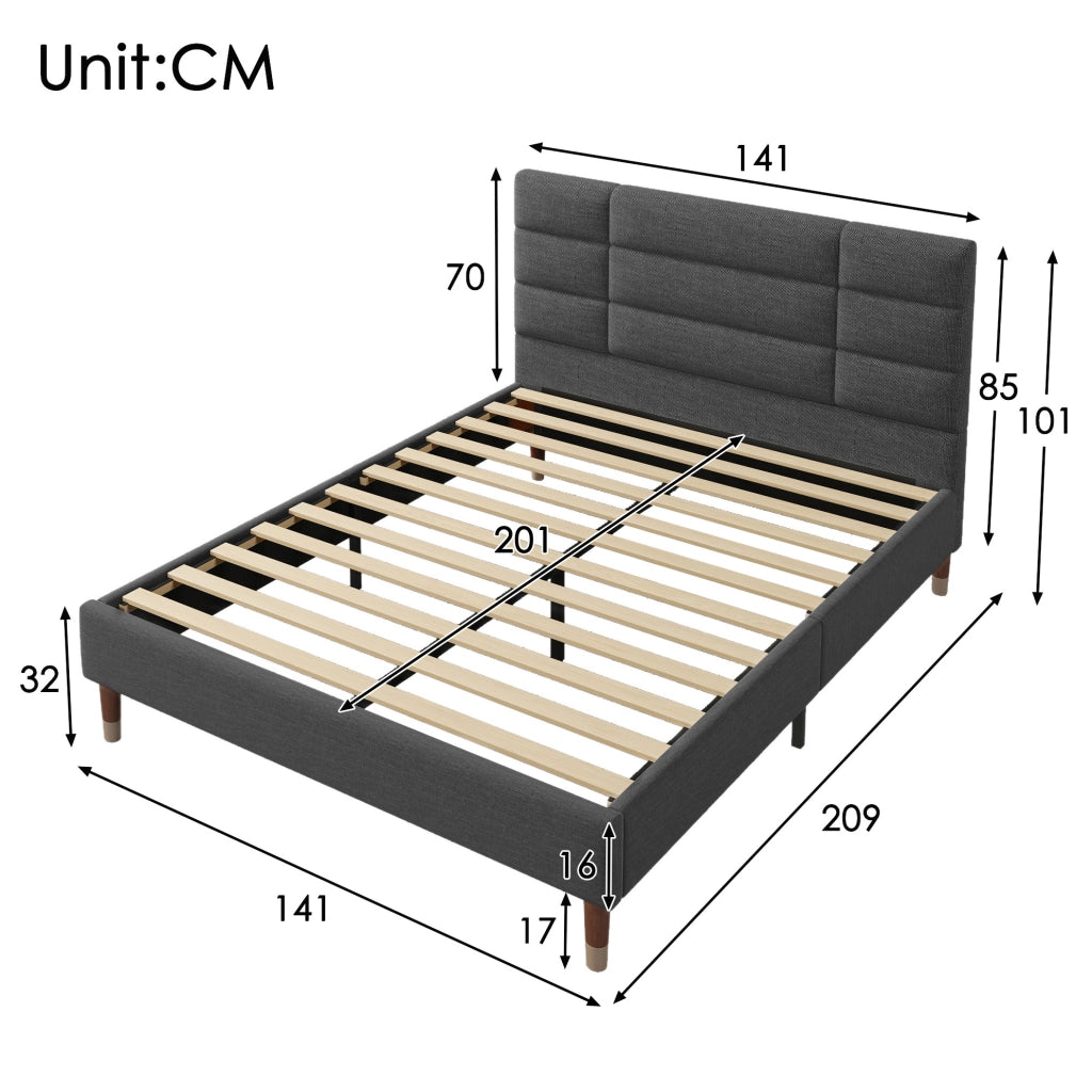 Letto matrimoniale 140x200 cm imbottito con rete a doghe; grigio; struttura in legno