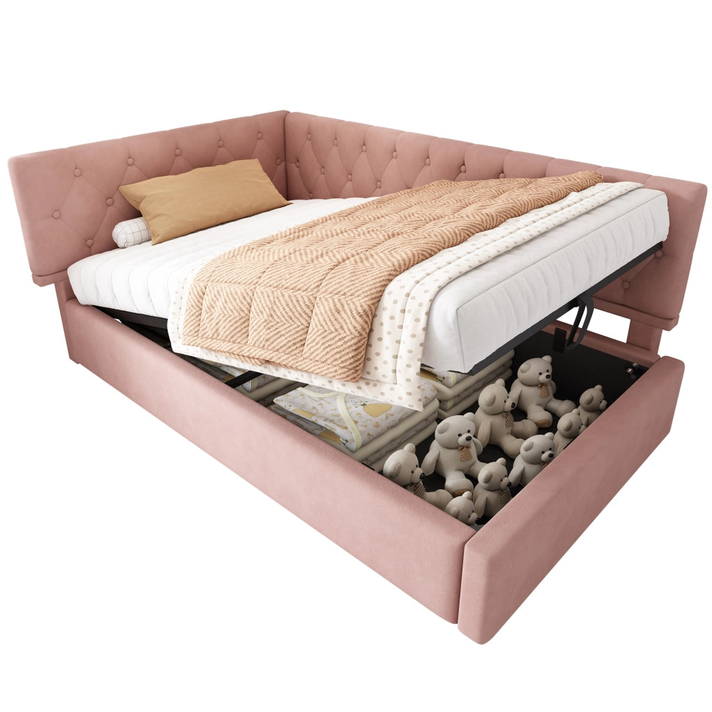 OKWISH Letto a Divano 90×190 cm, Letto Singolo con Contenitore, Testiera Reversibile e Rivestimento in Velluto, senza Materasso, Rosa