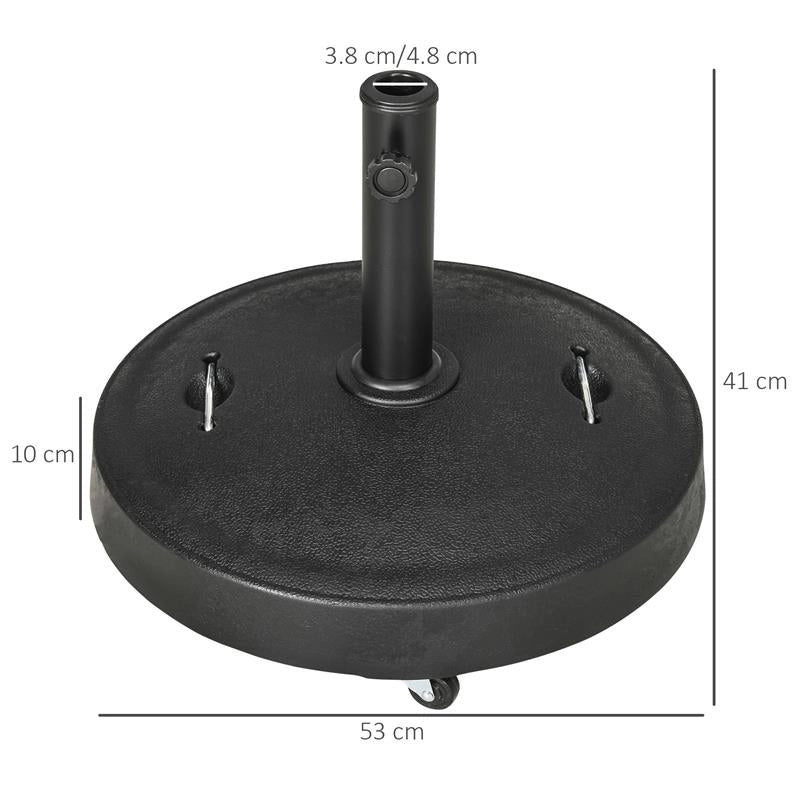 BASE PER OMBRELLONE DA 23.5KG CON 2 MANOVELLE E ROTELLE, IN RESINA E ACCIAIO, Ø53X41 CM, NERA