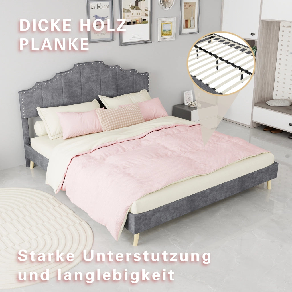 DESMIU Letto matrimoniale 160 × 200 cm con testiera geometrica, in tessuto, senza materasso, grigio
