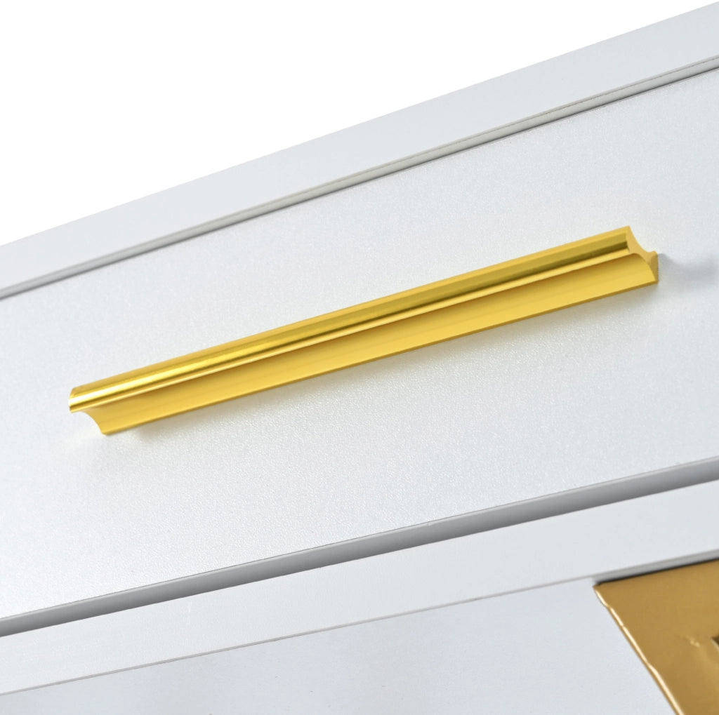 Tavolo consolle bianco e oro con 2 cassetti, metallo e piano in MDF, 110x32x85 cm