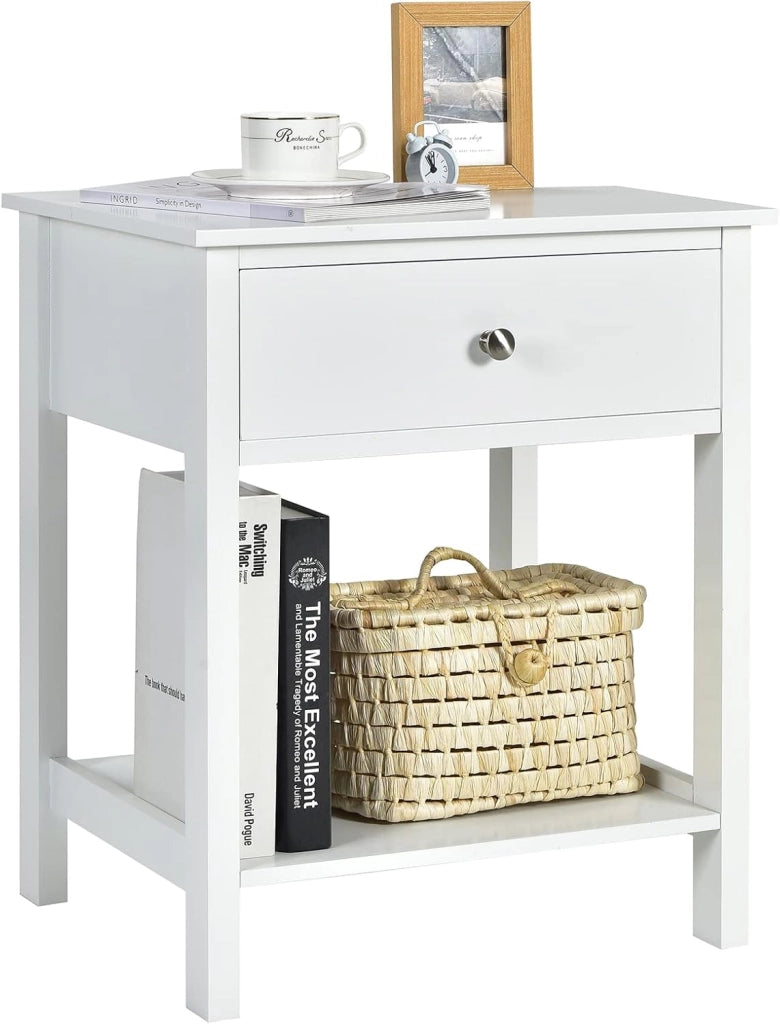 Comodino con cassetto, tavolino in legno, stile moderno, comodino a 2 livelli, con ripiano aperto, per camera da letto, soggiorno, 48 x 40 x 58 cm (bianco x 2)