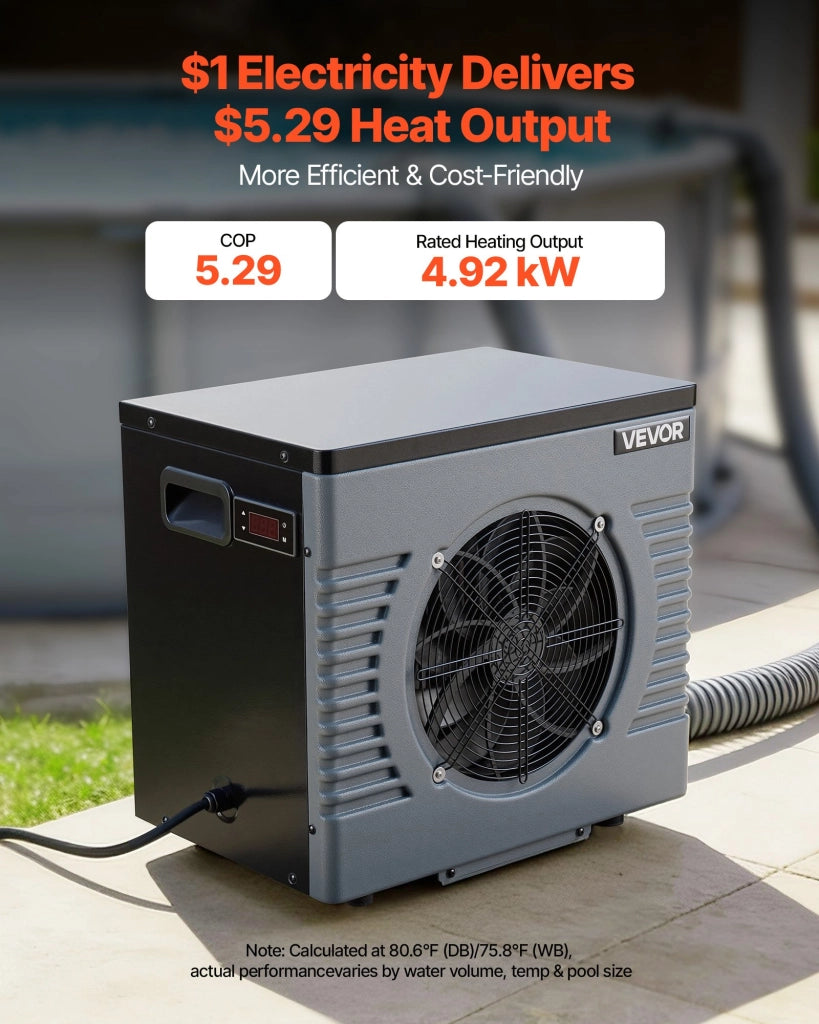 Pompa di Calore per Piscina Fuori Terra VDPYCE-50M Riscaldatore Elettrico 4920W per Piscine Fino a 18 m³ Temperatura 15-40℃ Silenzioso