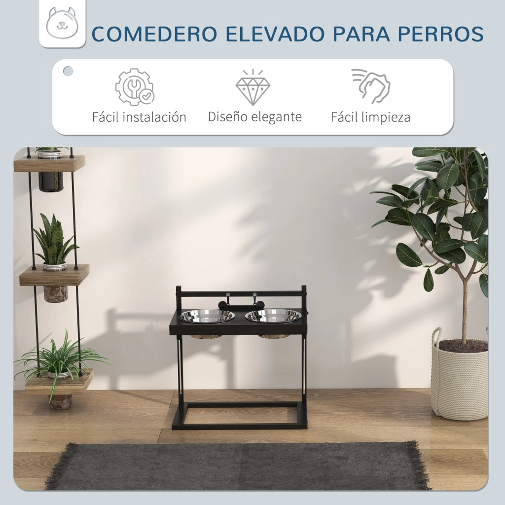 Tavolo da Pranzo per Cani con Ciotole in Acciaio Inox Altezza Regolabile ¨C Zephmum ¨C Nero 40.5x22x39 cm