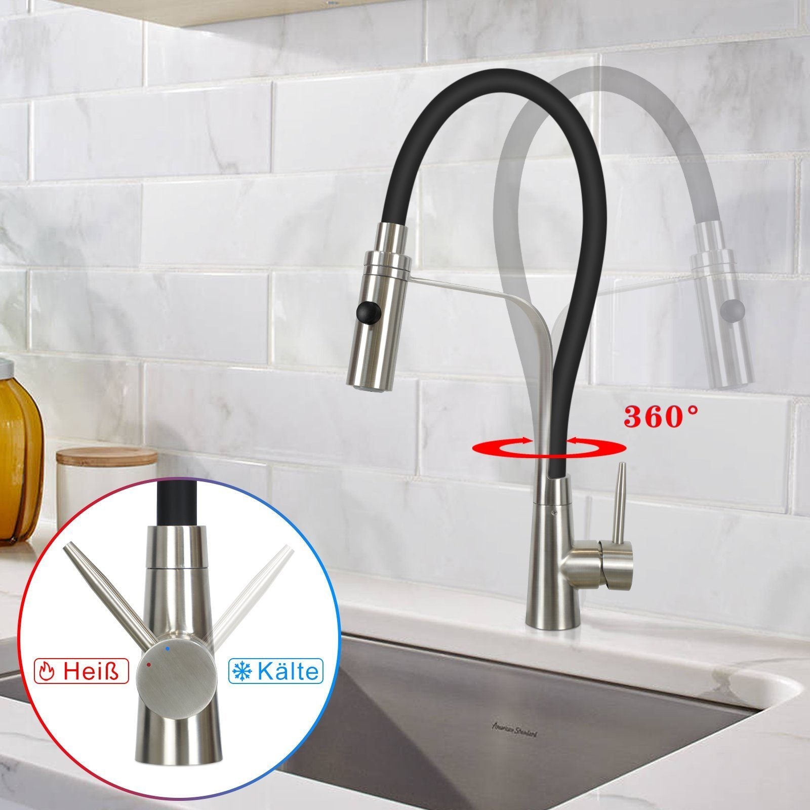 ZMH Rubinetto da cucina nero Rubinetti con doccetta da cucina girevole a 360°