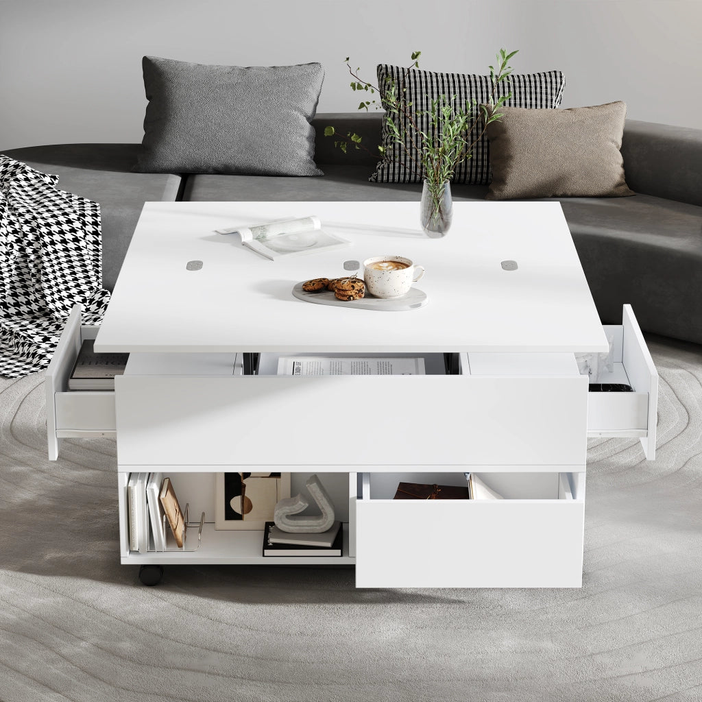 Tavolino basso sollevabile in truciolare con 4 cassetti, 2 vani aperti e rotelle, bianco, 100 × 50 × 52 cm