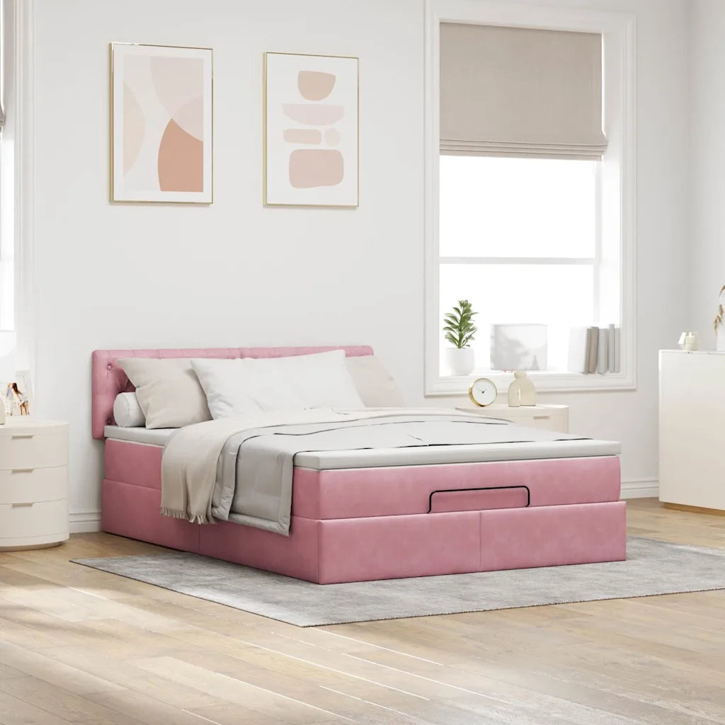 Struttura Letto Pouf con Materasso Rosa 140x200 cm in Velluto 3311854