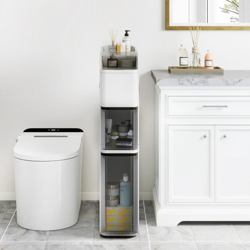 Mobiletto da bagno organizzatore 18 cm con 2 cassetti, Mobiletto da bagno portafazzoletti ripiano superiore Bianco-Armadietti da bagno