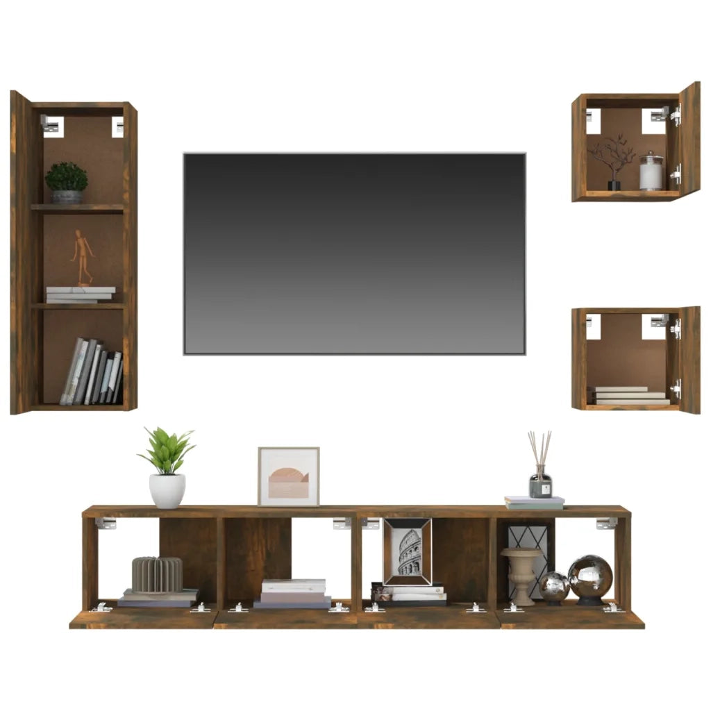 Set di Mobili Porta TV 5 pz Rovere Fumo in Legno Multistrato cod mxl 12139