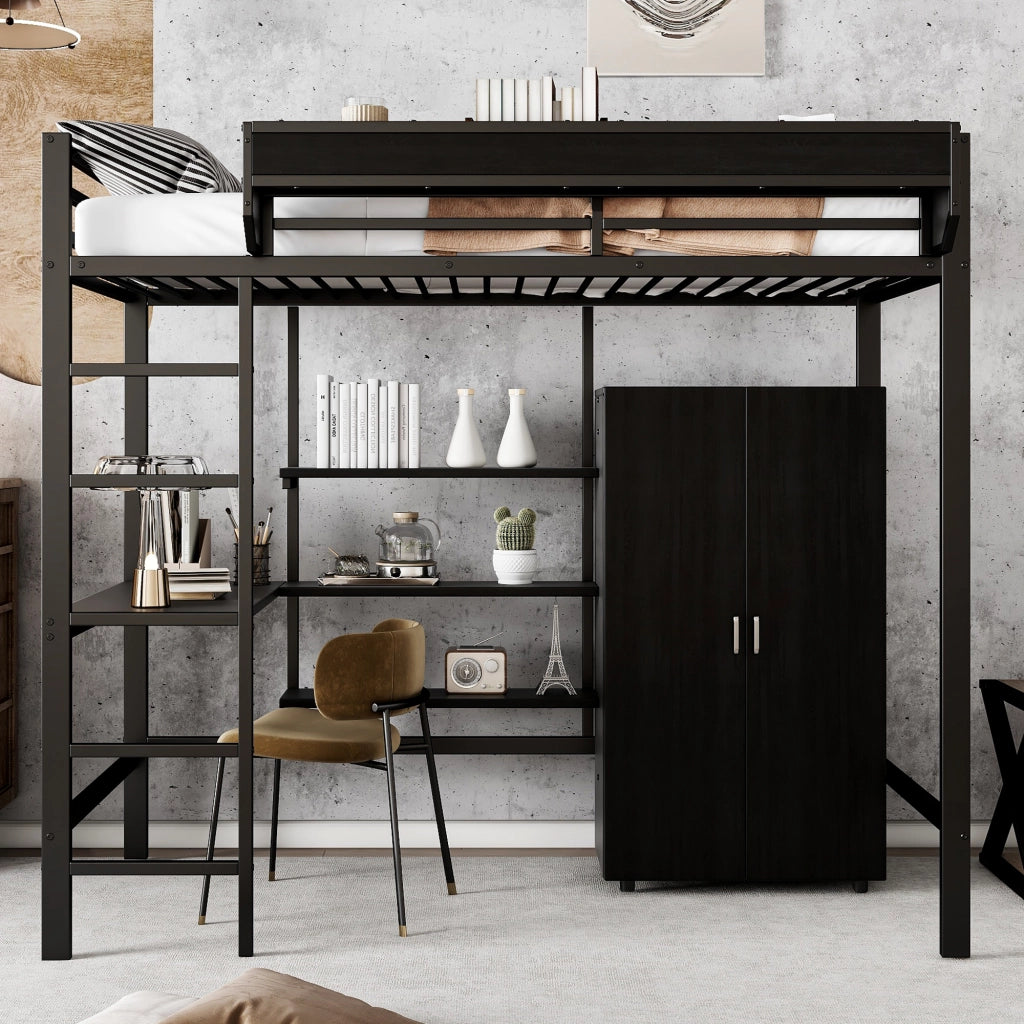 Letto a castello in ferro - Zephmum - 90x200 cm - Nero - Con scrivania e armadio
