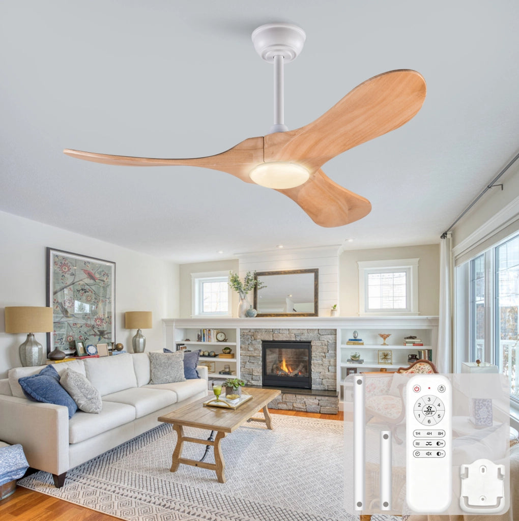 Ventilatore a soffitto 42" con luce LED e telecomando, legno massello naturale e bianco