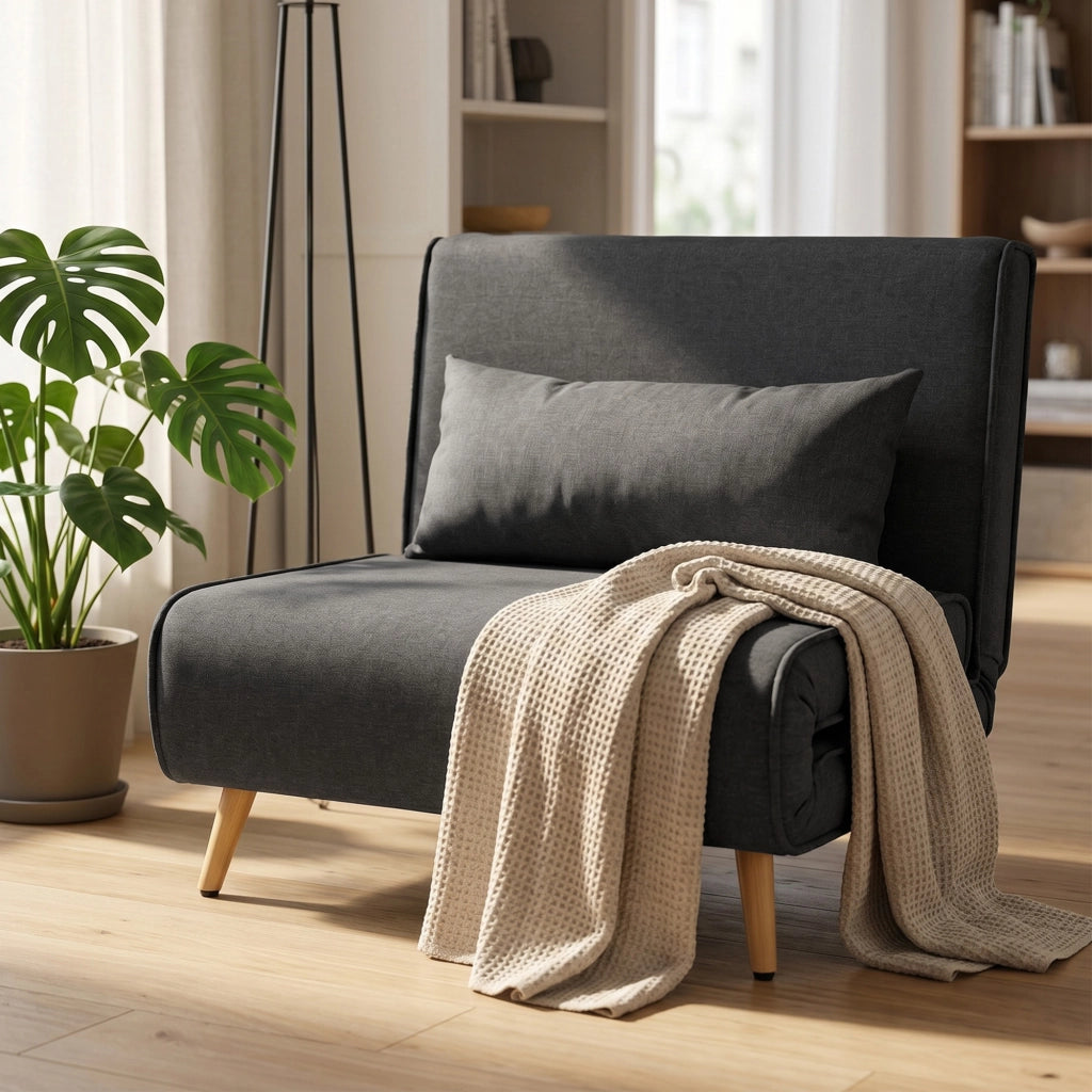 Poltrona Letto Singola 3 in 1 con Schienale Regolabile in 3 Livelli e Cuscino in Tessuto Effetto Lino Grigio