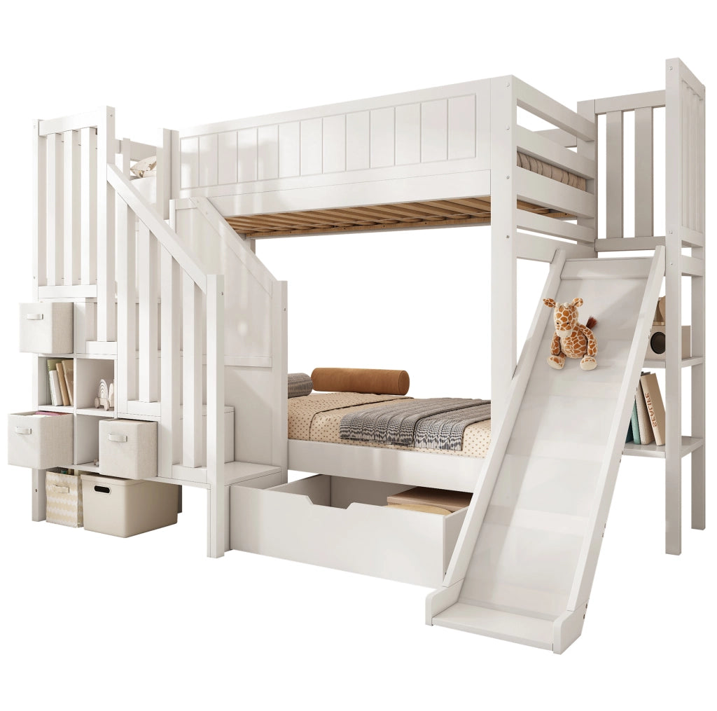 Letto a castello con scivolo; scala-armadio e cassetti; 90x200 cm; bianco