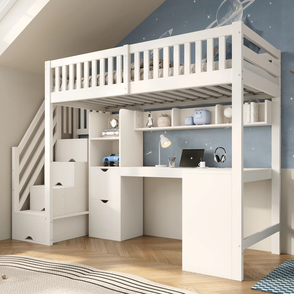 Castello in legno 90x200 bianco scala con armadio scrivania angolare cassetti