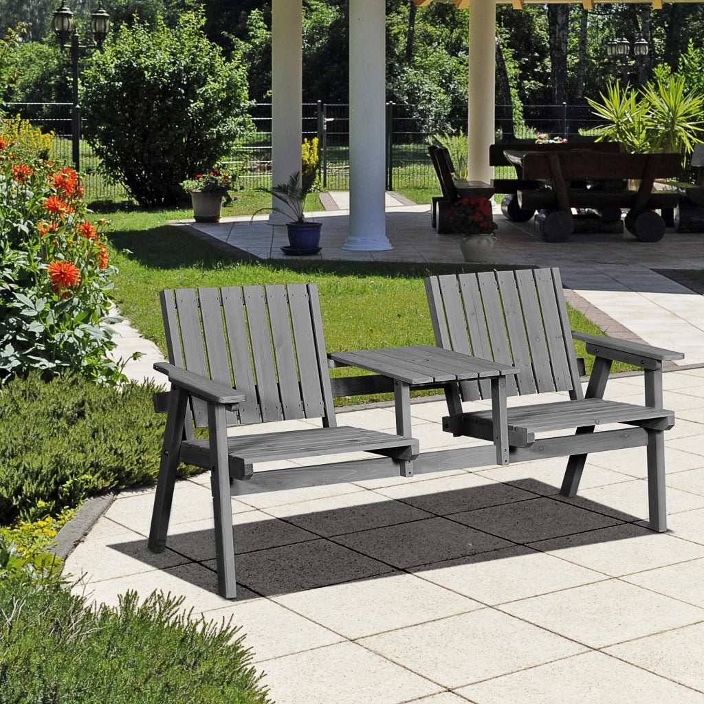 Panca da giardino con due sedie in legno massiccio e tavolo centrale con foro per ombrellone finitura grigia stabile e spaziosa per esterni domestici