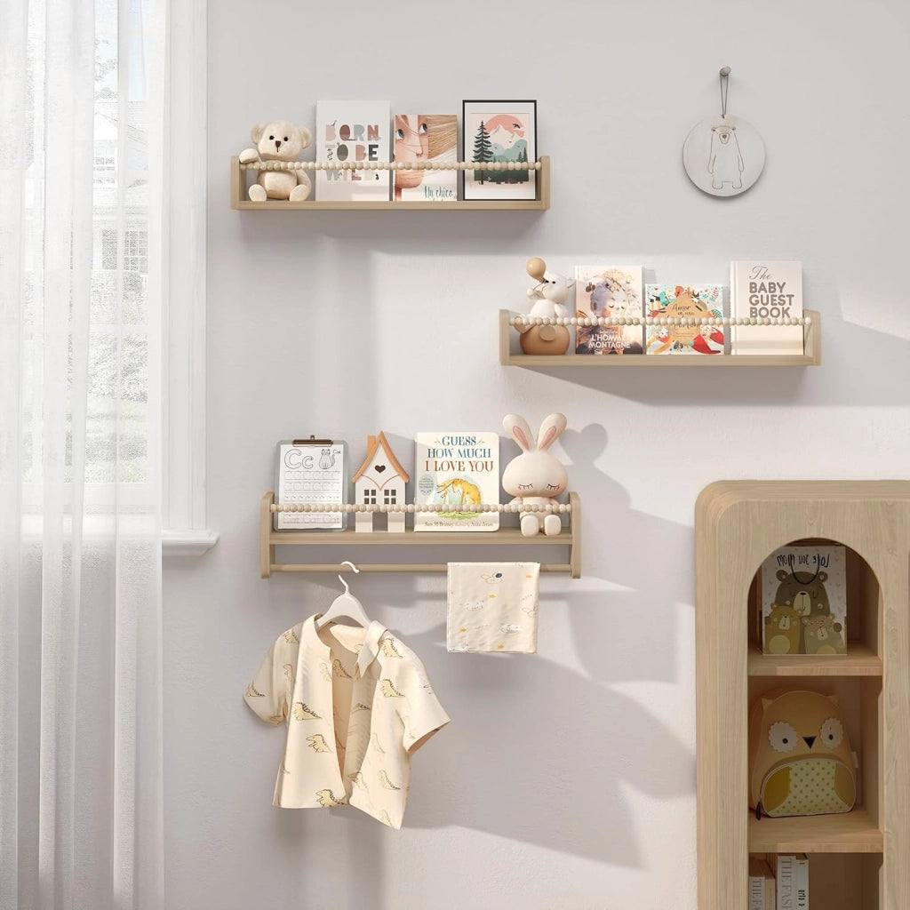 Librerie per Bambini da Parete in Legno Massello, 60 cm Set di 3 Porta Libri per Cameretta, Scaffale Libri per Bambini, Librerie da Parete Piccole con Perline