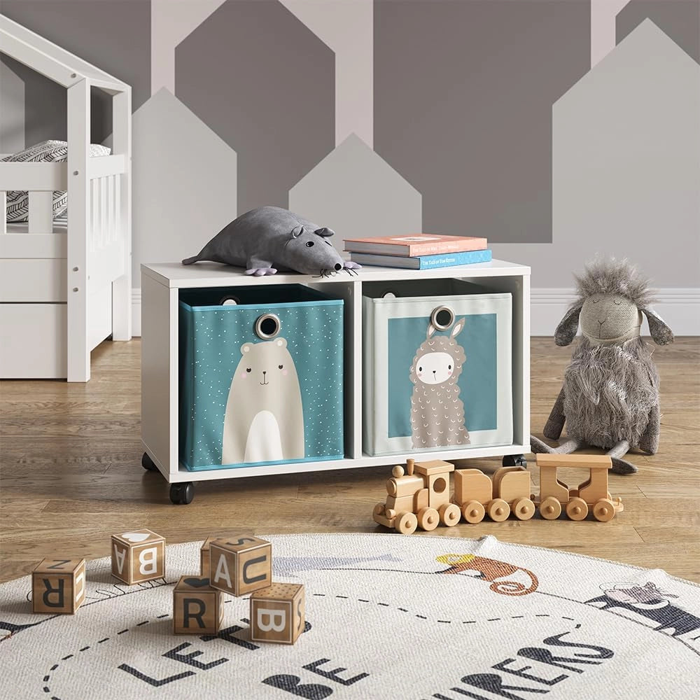 Libreria bambini, Bianco, 72 x 42.4 cm con 2 scatole pieghevoli, su ruote con due ripiani aperti