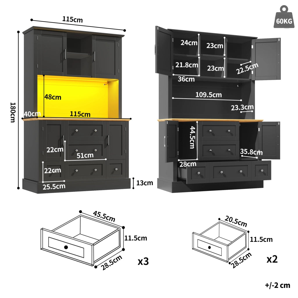 Vetrina da Cucina Alta con 3 Cassetti e LED; Design Moderno; per Cucina o Soggiorno; in MDF; Nero e Naturale; 115x40x180 cm