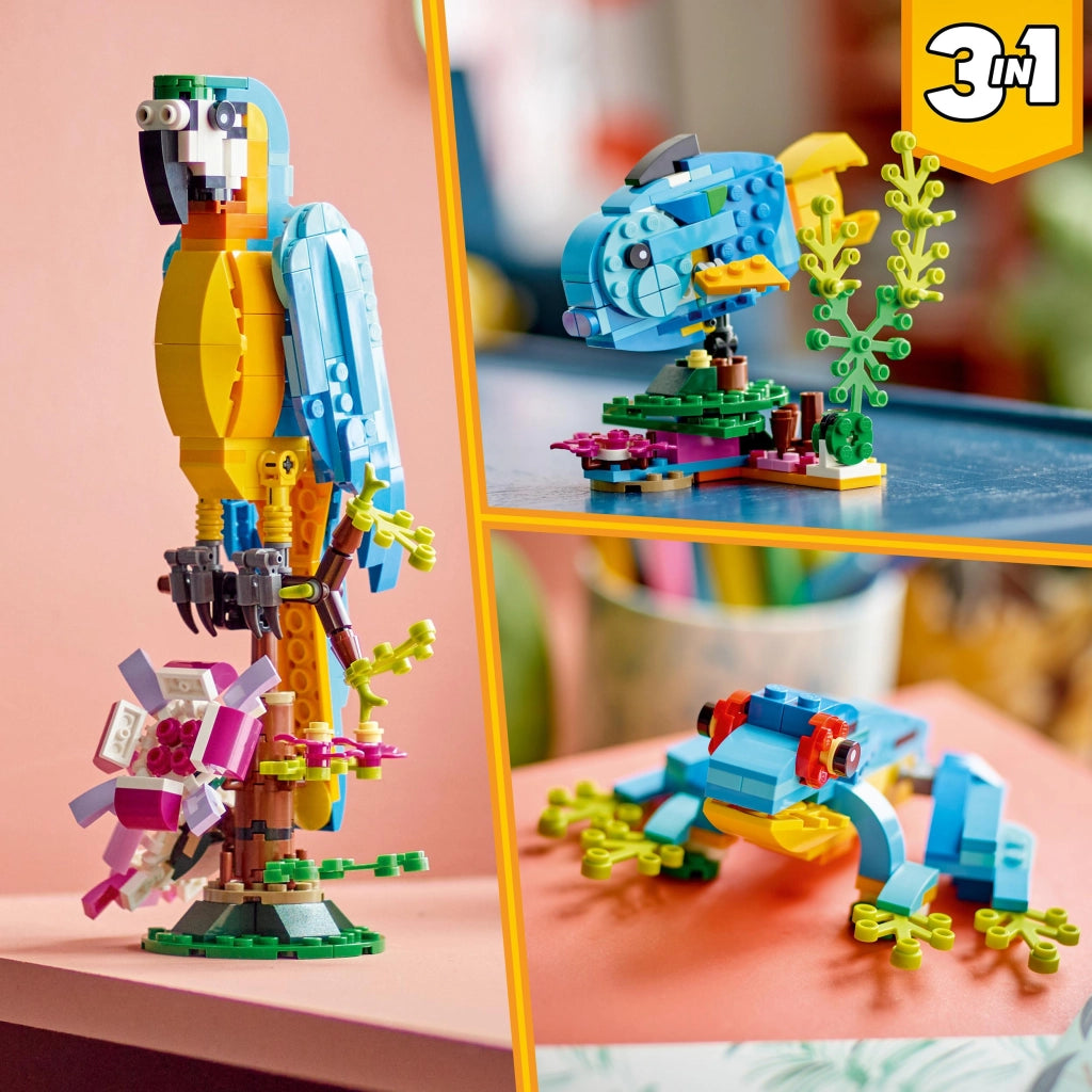 LEGO 31136 Creator Pappagallo Esotico, Set 3 in 1 con Pesce e Rana, Figure di Animali Giocattolo della Giungla, Giochi C