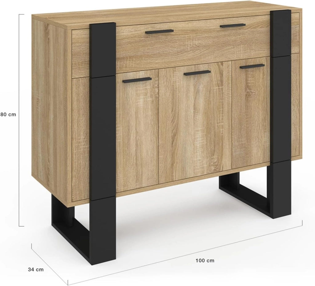 Credenza PHOENIX 100 cm con 3 ante e 1 cassetto, legno e nero