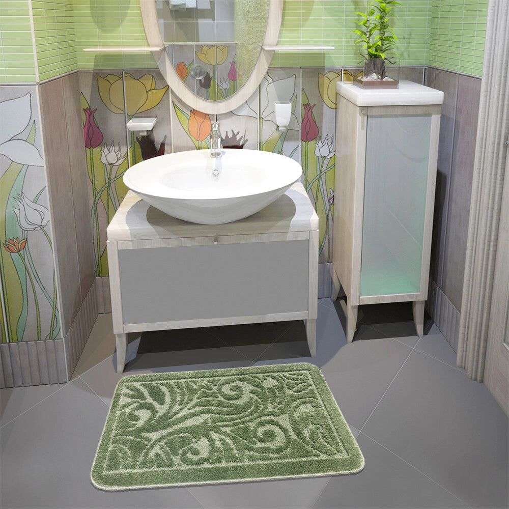 Tappeto Bagno Damascato Scendiletto Camera 50x80 Cm Morbido Assorbente Antiscivolo Verde