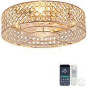 Ventilatore a incasso 19 pollici con luce, cristalli dorati, pale ABS, doppio controllo app e telecomando, 6 velocit¨¤ reversibili, elegante