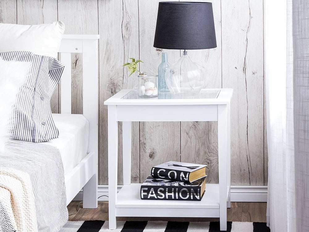 Tavolino in MDF bianco 60 x 57 x 40 cm con piano in vetro Comodino con un ripiano