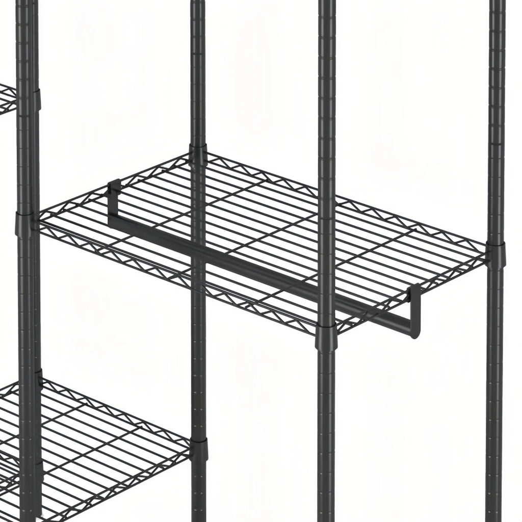 Porta abiti freestanding nero in metallo con 8 ripiani a griglia e 5 aste appendiabiti