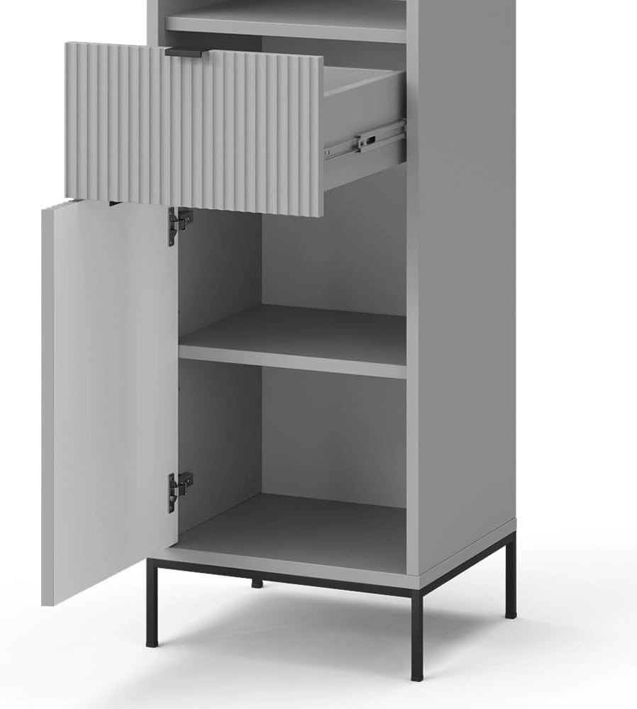 Armadio per il bagno Eliza, Grigio, 40 x 190 cm con ante e cassetto, per la conservazione di accessori da bagno e combinabile con la serie Eliza