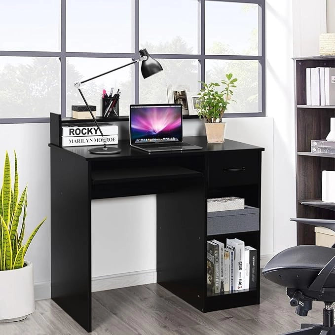 Scrivania da Studio con Cassetti, Tavolo Porta PC per Computer Moderno, con Ripiani, Legno (Nero)