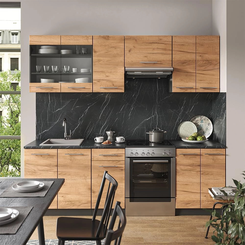 Cucina componibile Fame-Line, Quercia dorata/antracite, 240 cm senza piano di lavoro, adatto per l'espansione individuale con moduli aggiuntivi