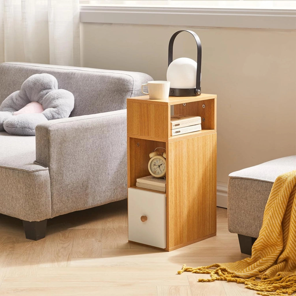 Set di 2 comodini sottili e stretti, con 2 scomparti aperti e 1 cassetto, salvaspazio, tavolini laterali in legno per camera da letto e soggiorno, naturale WNS006N-2