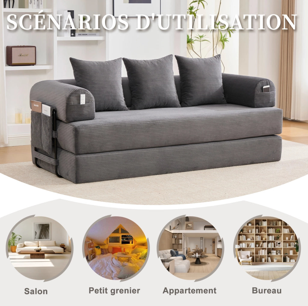 Divano modulare 200x94x67 cm con tasca laterale e 3 cuscini; tessuto a coste grigio scuro