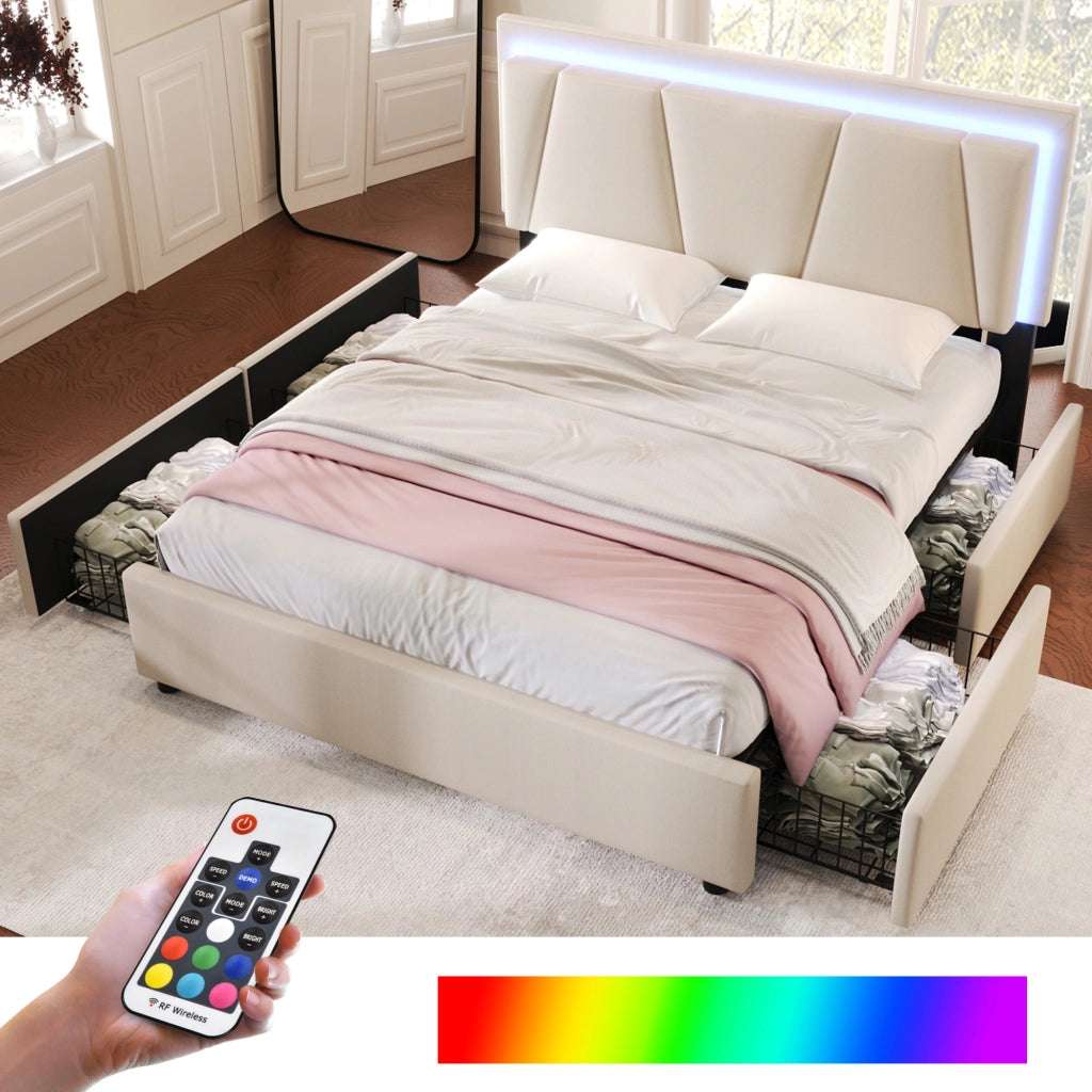 Letto imbottito con 4 cassetti illuminazione a LED 160x200 cm legno beige